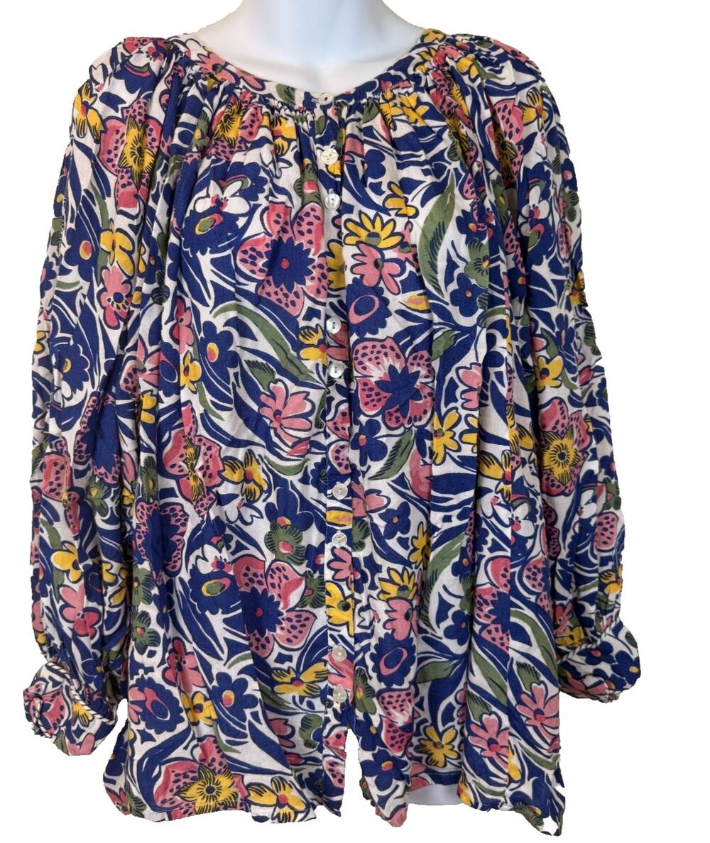 Roller Rabbit Blue Floral Tunic Top XL Cotton Button Down Boho Coastal Blouse